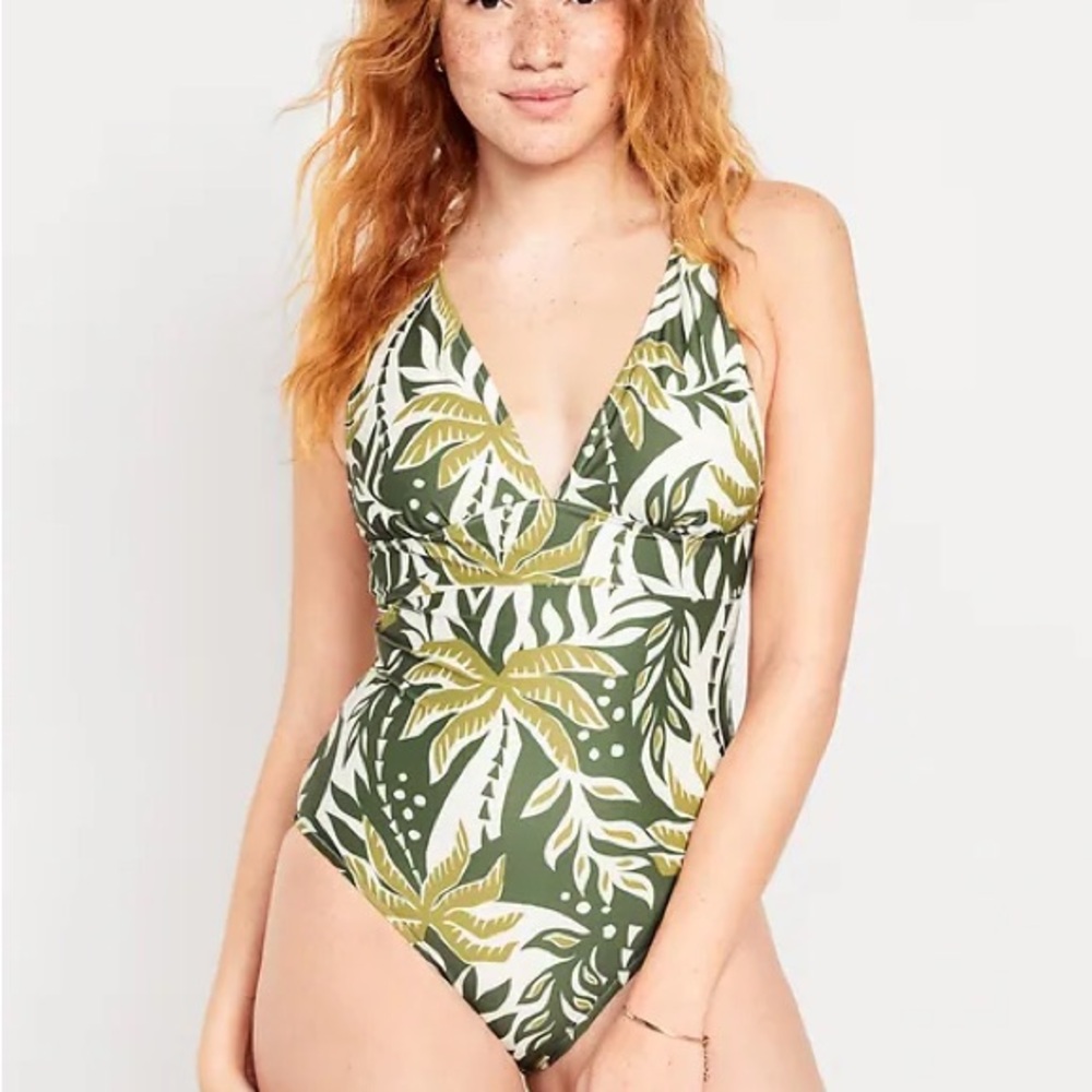 Old Navy Green and White Palm Print Tie-Back One-Piece Swimsuit